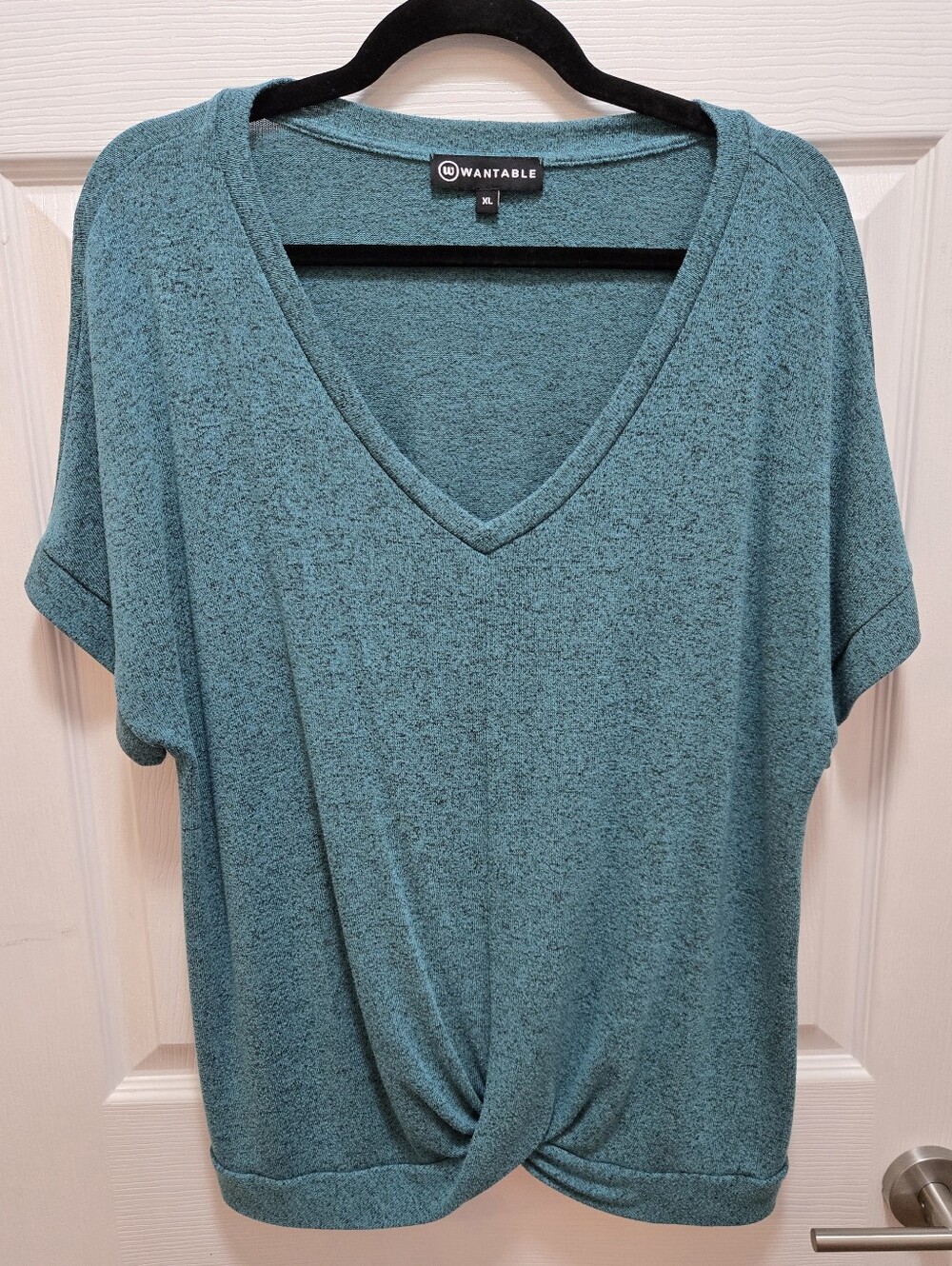 Wantable Heathered Teal V-Neck Twist Hem Women's Knit Top, XL